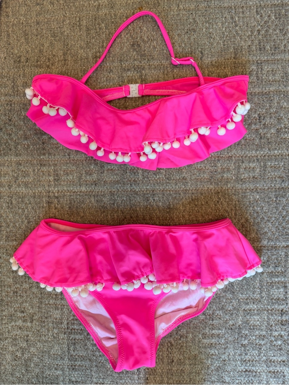 EUC Stella Cove Hot Pink Ruffle Bikini with White Pom Pom Trim size 12